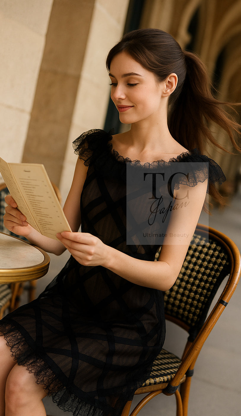 シャネル ワンピース CHANEL ブラック ブラウン サテン シルク トリム