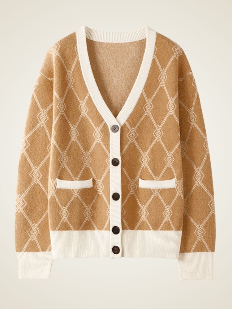 Ninette - Diamond Knit Pattern Cashmere Cardigan | The Cashmere Studio