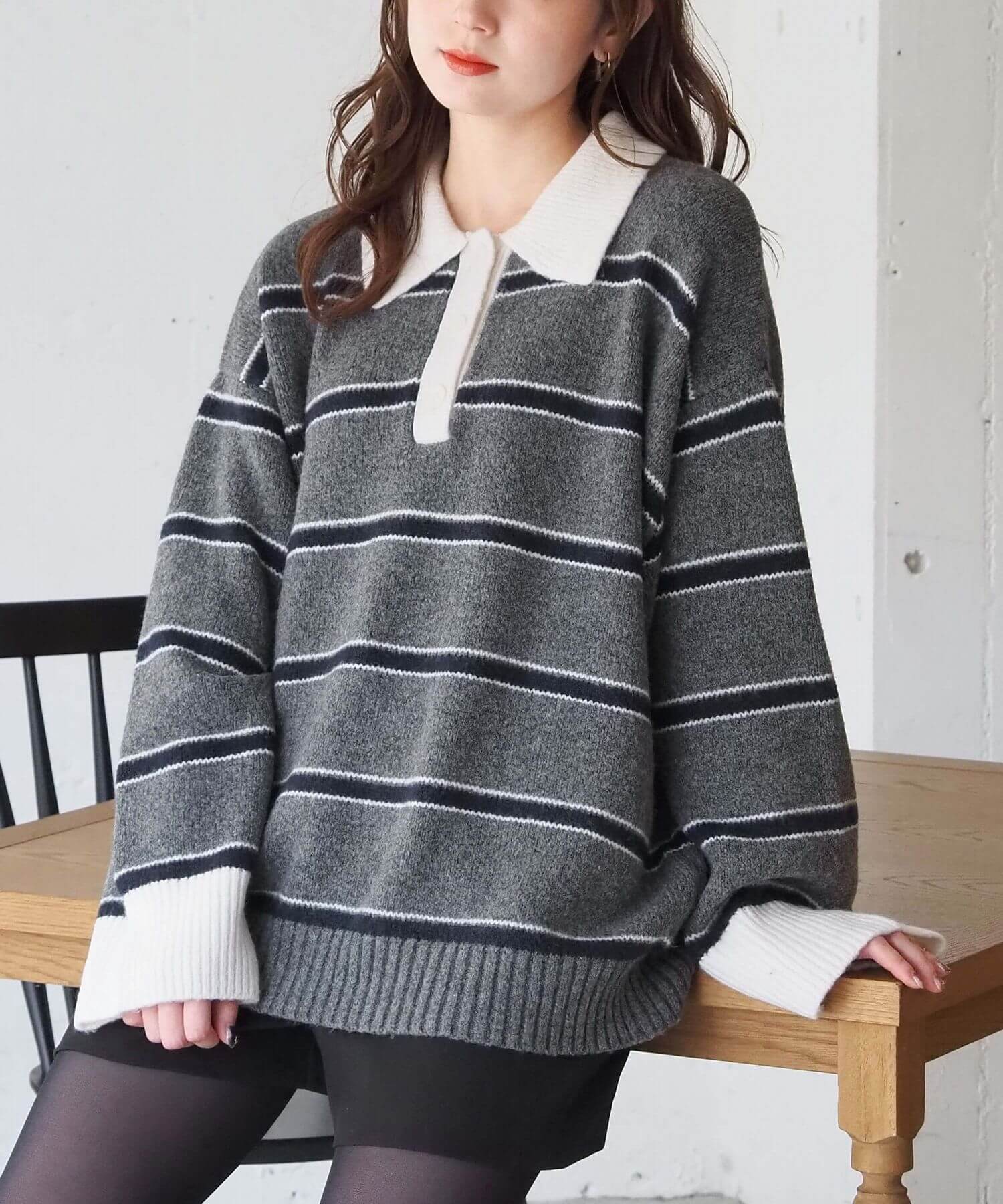 tiptop+pocket ティップトッププラスポケット / ボーダーポロ襟ニット