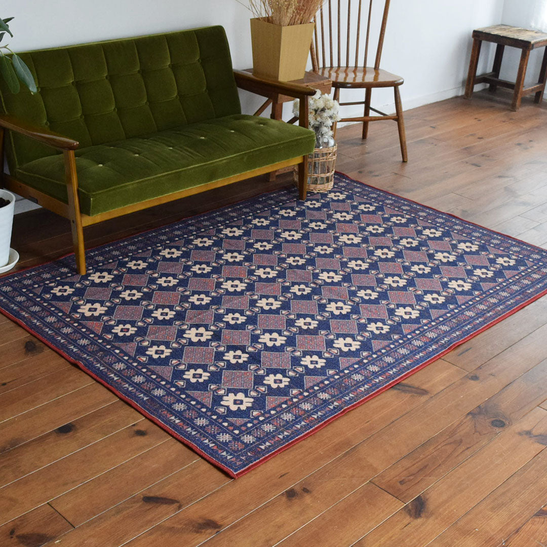 ヴィンテージ風ラグ TOCORU Series バルーチ フラワー ループ ネイビー