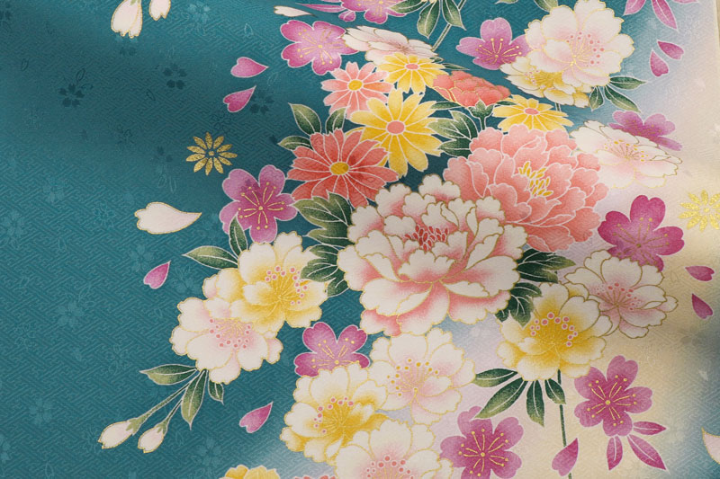 金彩友禅販売 八重桜に牡丹菊花（檜皮色）柄の和柄生地通販なら都香庵