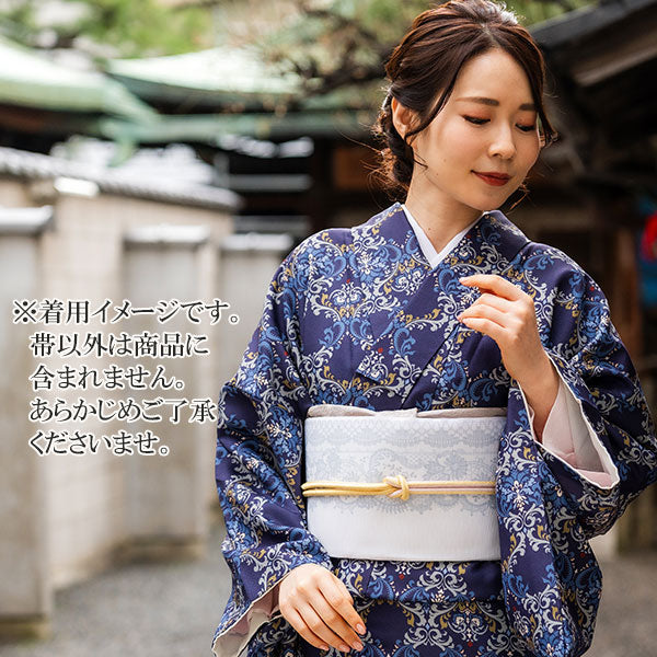 名古屋帯 洗える 単品 白地 グレー レース柄 オリジナル 八寸 仕立て