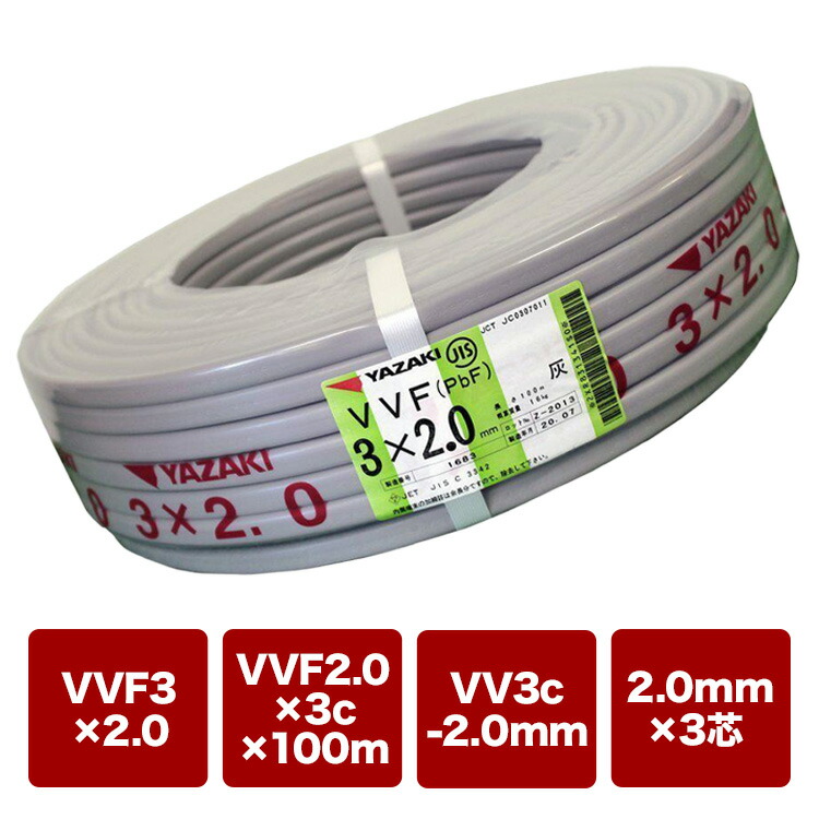 楽天市場】矢崎エナジーシステム VVFケーブル 2.0mm×3芯 赤白黒 100m