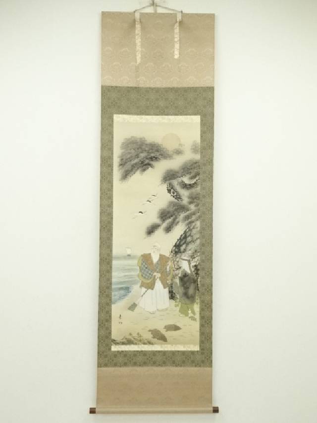 素 仙 筆 【 絹本彩色画 ・雲上観音図 】 自題共箱 軸先漆仕立木 610