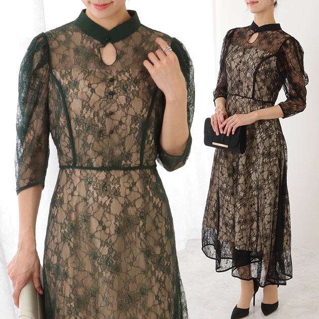 楽天市場】7分袖 総レース 花柄 プチハイネック ワンピース 女性