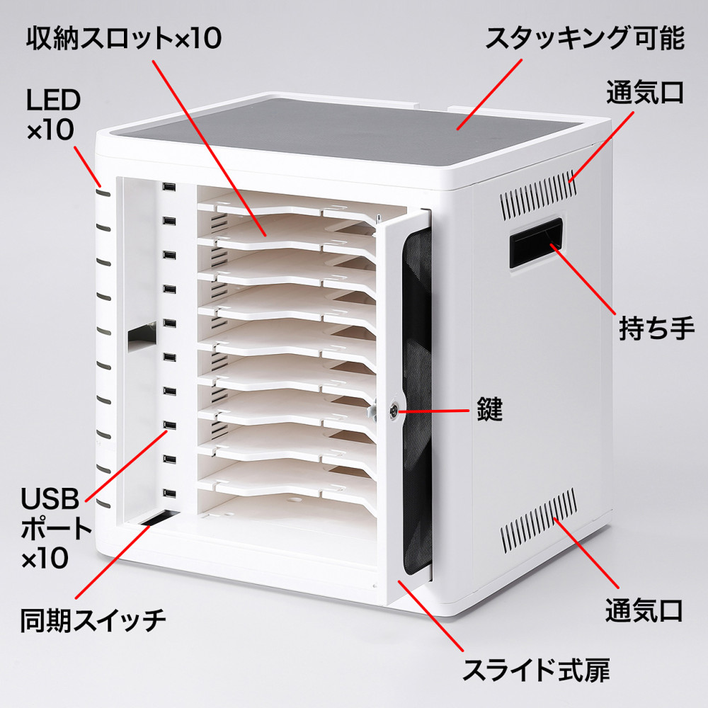 SANWA 鍵付きタブレット収納ボックス（10台収納、同時充電）