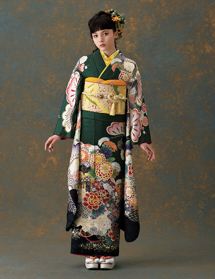 楽天市場】振袖 フルセット ひいな 値引き可 正絹 常盤色 緑色 牡丹に
