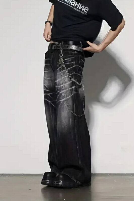 楽天市場】超ワイドパンツ ジーンズ 017 ダメージ加工風 黒 B系 HIPHOP