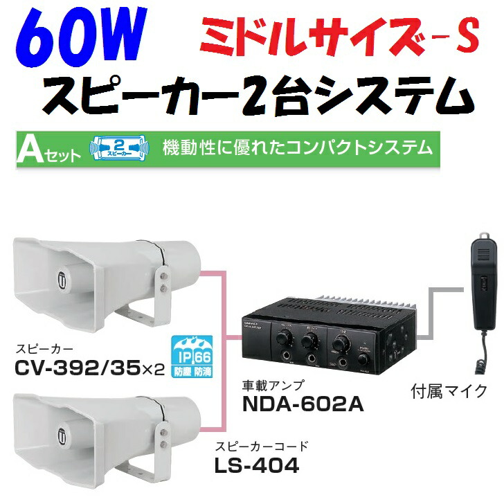 楽天市場】選挙用拡声器 アンプとスピーカー2台 60W Aセット 車載用