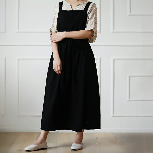 楽天市場】ロング エプロンワンピース ポケット付き コットン 前掛け