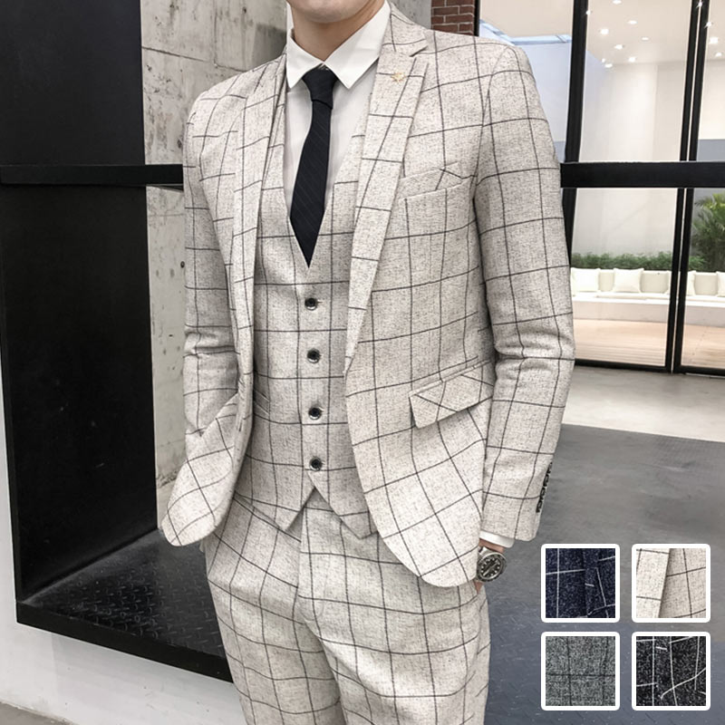 楽天市場】送料無料 全4色 スーツ メンズ チェック柄 ベージュ 3点