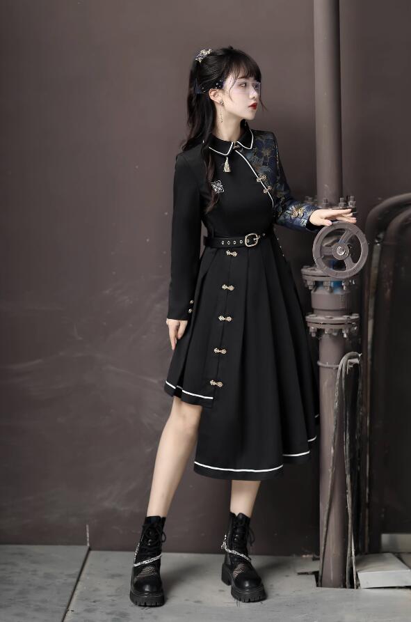 楽天市場】チャイナ風ワンピース 半袖 長袖 ミモレ丈 中国風 シャツ