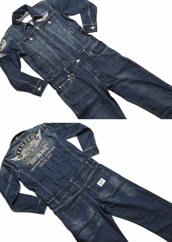 中古 VANSON 総刺繍 デニム オーバーオール つなぎ フライング