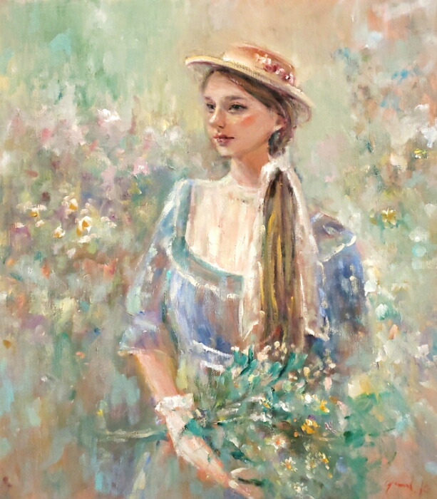 油絵 菅家令子 絵 絵画 インテリア 額付(銀) F4-070112 人物 女性 油絵