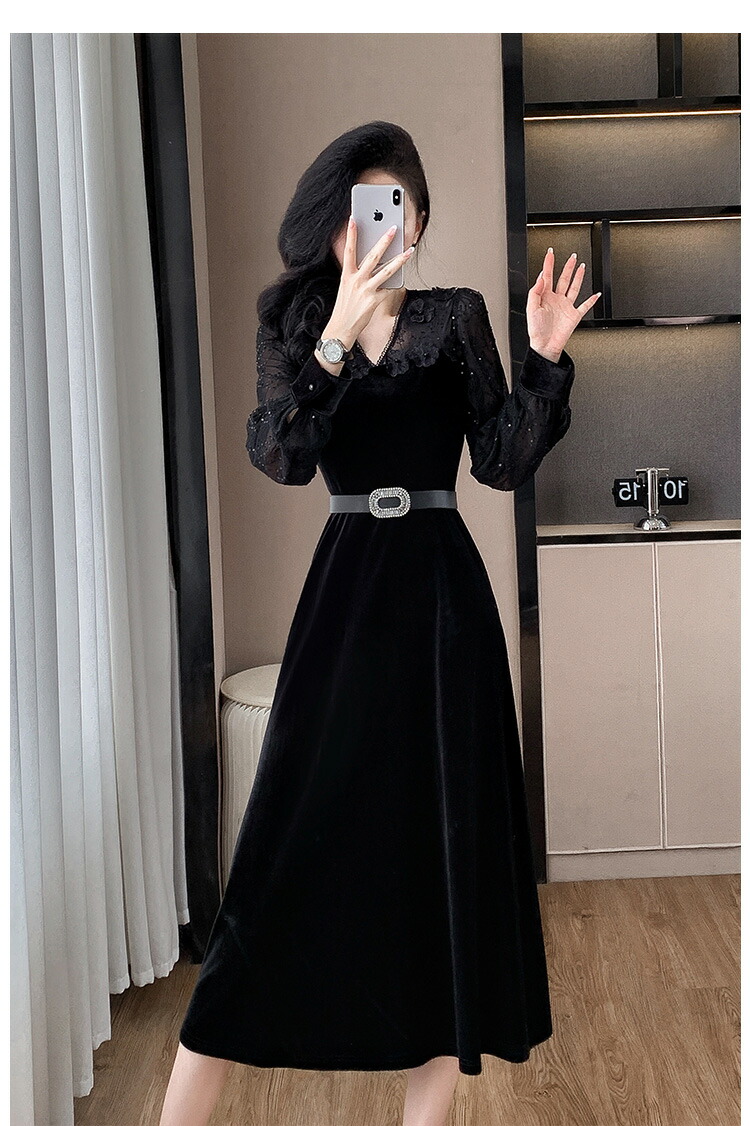 楽天市場】ベロアワンピース ベルト付き フラワーモチーフ Vネック