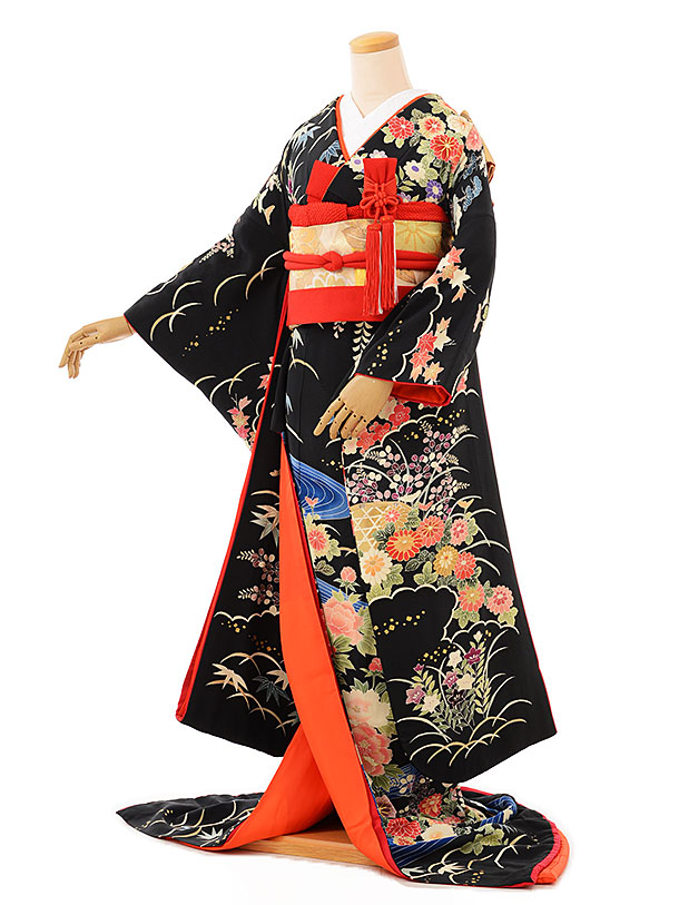 楽天市場】黒引き振袖 着物 神社婚 和装 1AJ0356 黒地流水 花柄 鶴