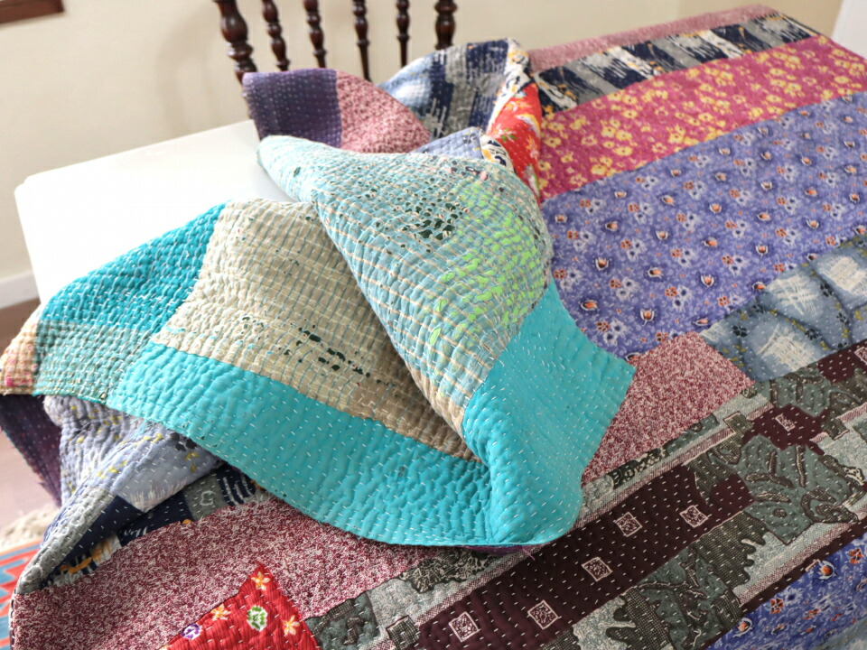 楽天市場】カンタ刺繍 ラリーキルト インドの古布210×152cmパープル系