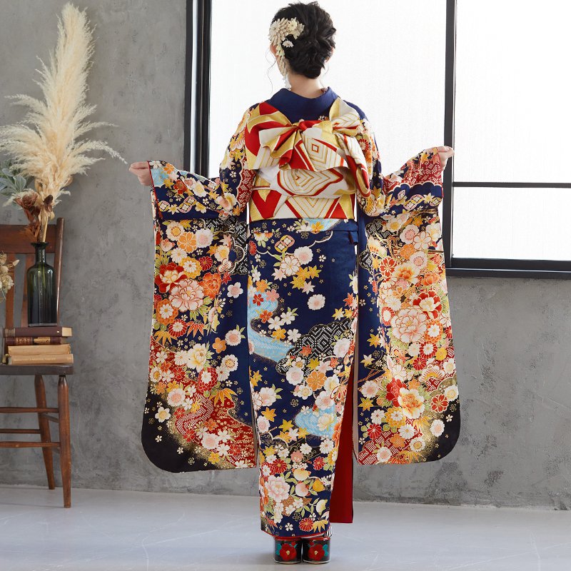 楽天市場】【成人式 振袖 レンタル】RS1451 正絹 紺 流水古典花フル