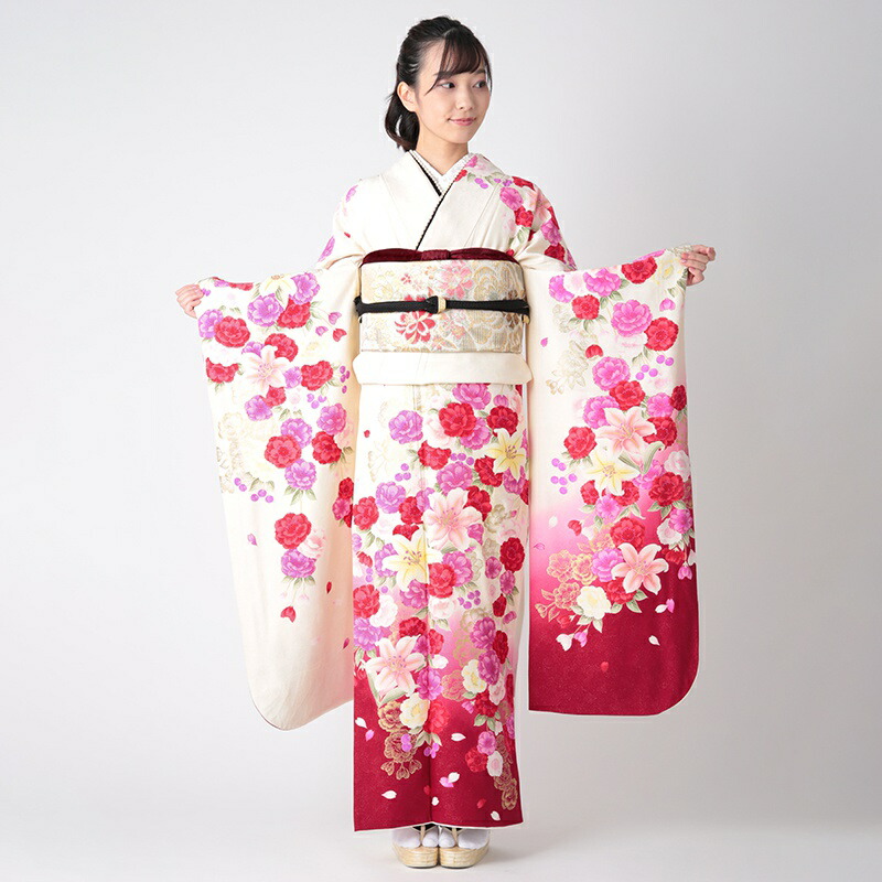 楽天市場】【成人式 振袖 レンタル】RS1299 正絹 白 百合と八重桜フル
