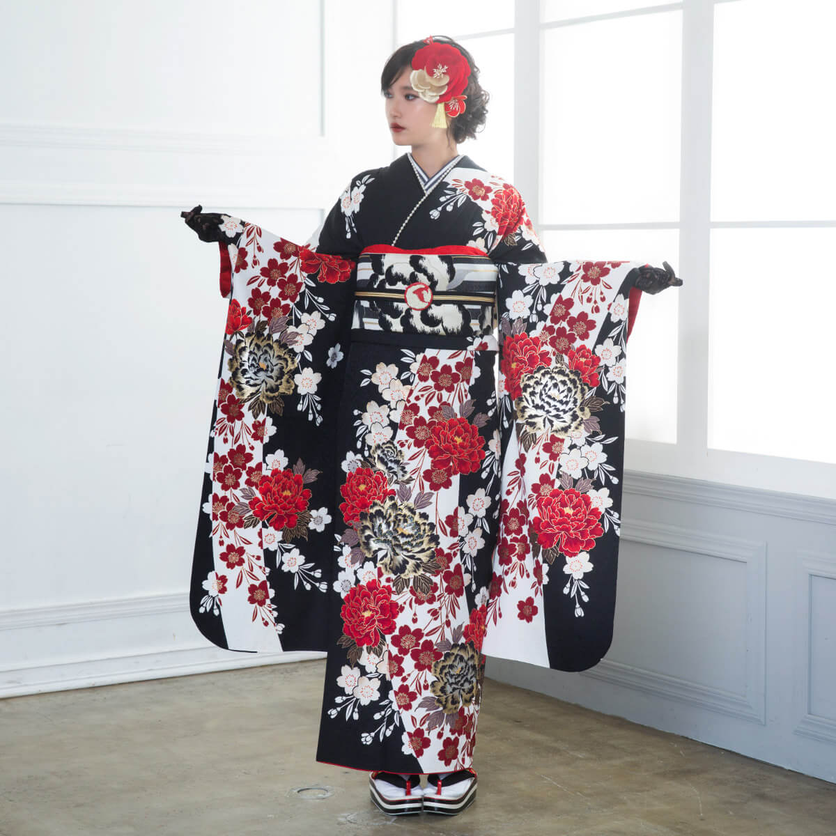 楽天市場】【成人式 振袖 レンタル】RS1359 正絹 黒 豪華金彩 牡丹桜
