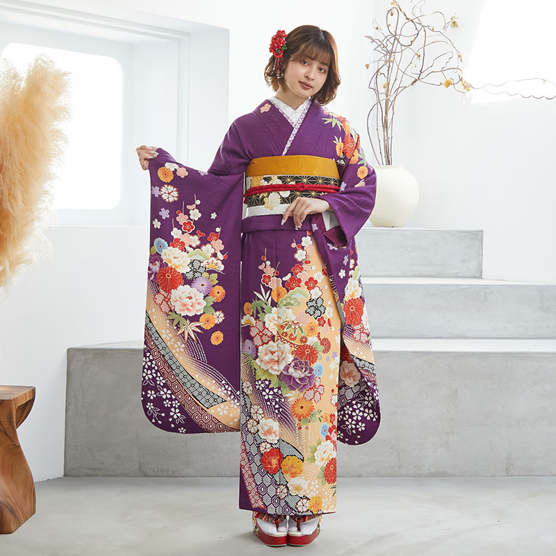 4796 振袖6点フルセット 成人式卒業式結婚式 ふりそで 紫 正絹 胡蝶欄
