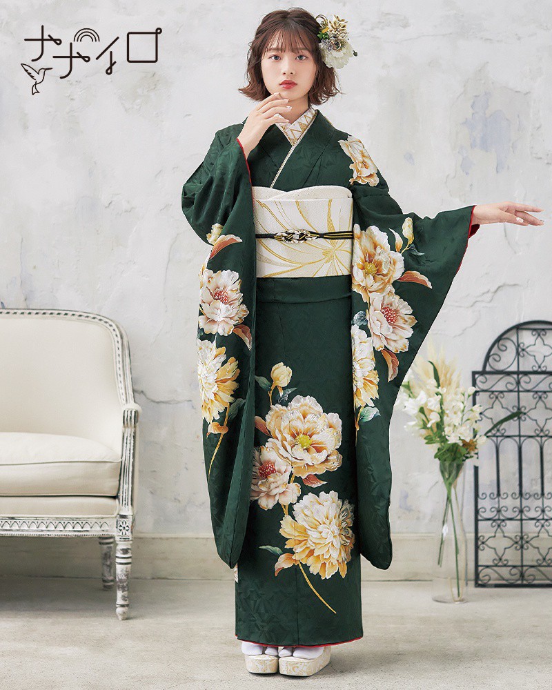 楽天市場】【振袖 レンタル】 結婚式 結納R2051 正絹 深緑 牡丹