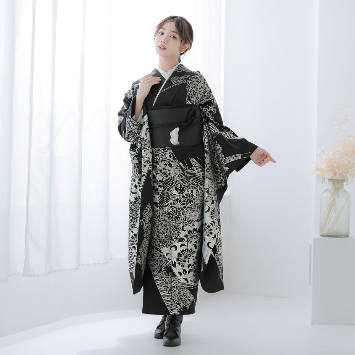 楽天市場】【振袖 レンタル】 結婚式 結納R2115 正絹 黒 銀箔華文鳳凰