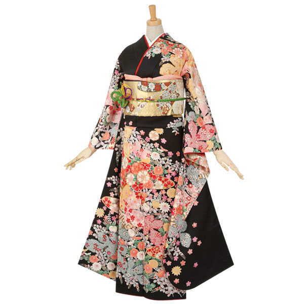 楽天市場】【成人式 振袖 レンタル】RS469 正絹 黒 梅と橘にかのこ柄と