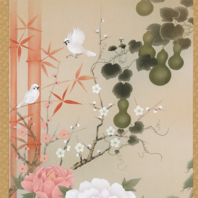 美品 掛け軸 小野守鳳作 牡丹図 共箱 太巻き付 四季花