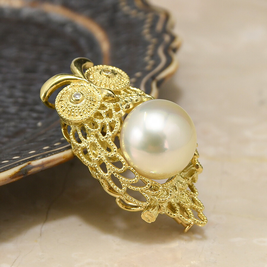 楽天市場】K18YG 白蝶真珠 ダイヤモンド ふくろう ブローチ ペンダント