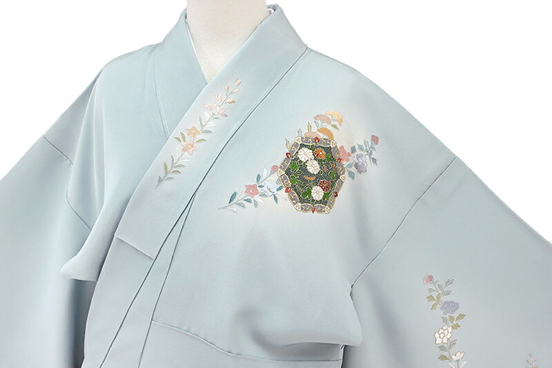 楽天市場】訪問着 正絹 ブルーグレー 更紗 菊 桔梗 桜 橘 女郎花 唐草