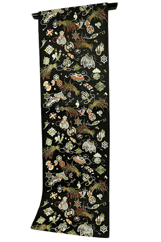 楽天市場】袋帯 正絹 西陣織 山下織物 唐織 黒地 豊年宝尽くし 未