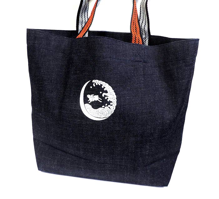 楽天市場】レトロデニムトートバッグ（横長） 浪に月うさぎ 倉敷デニム
