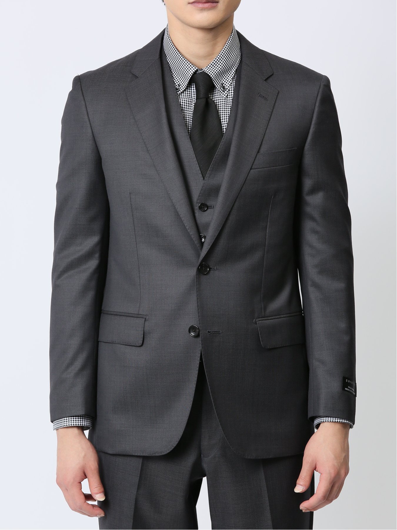 TAKA-Q｜光沢ウール混 スリムフィット 2ボタン3ピーススーツ 組織