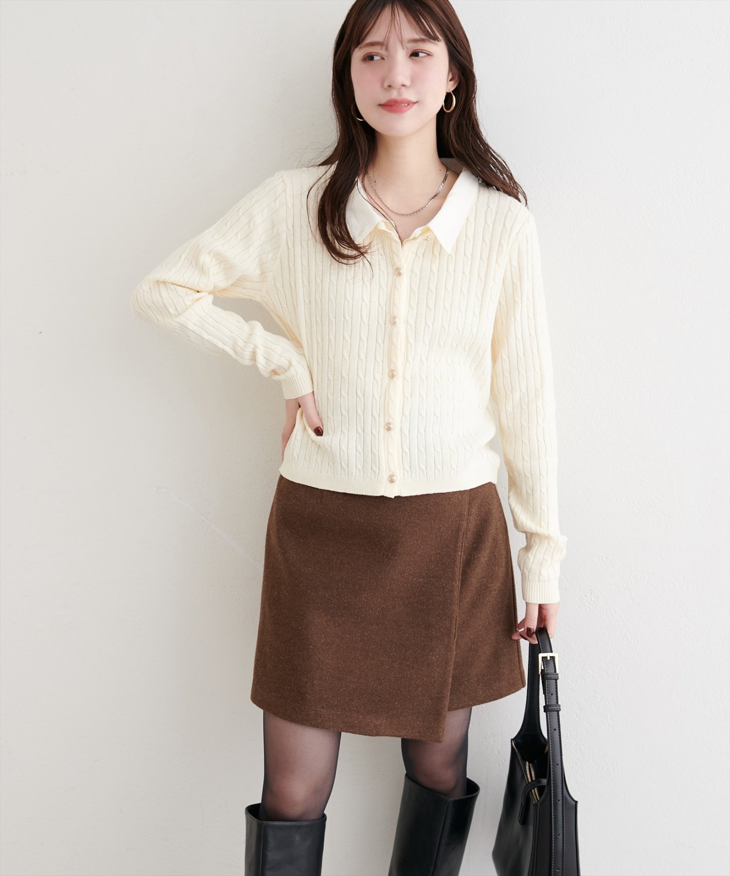 natural couture｜レイヤード風衿付きケーブルカーディガン | Rakuten