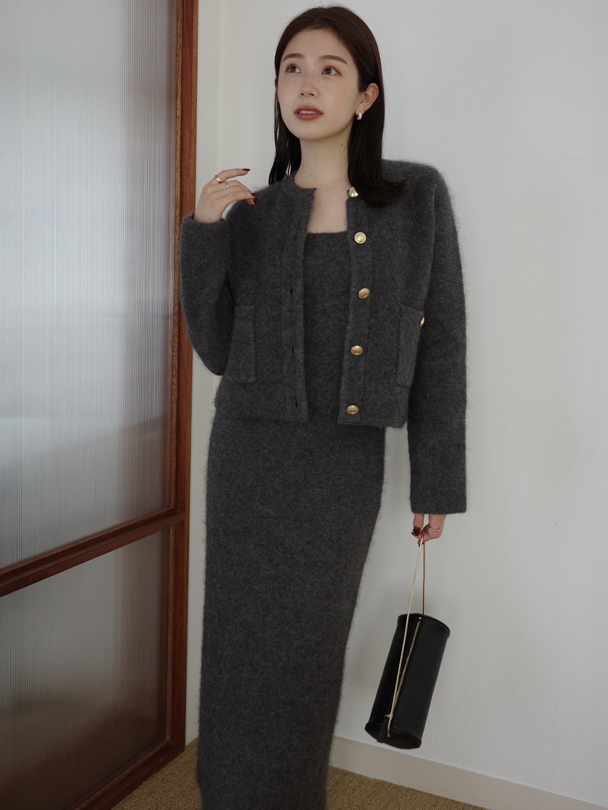 anuans｜カシミヤブレンドノーカラーニットジャケット | Rakuten