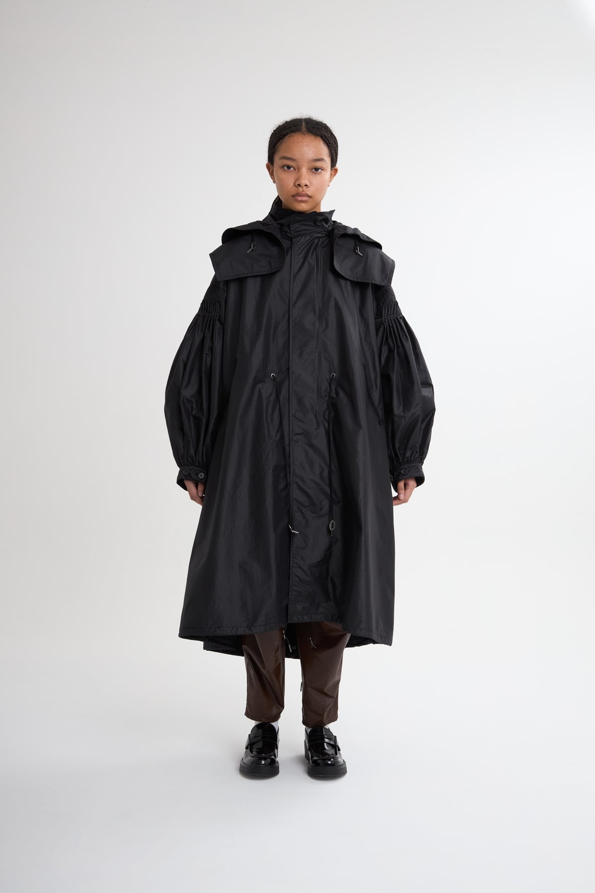 MEGMIURA｜2WAY Pin tuck Leather like Nylon Long Mods coat