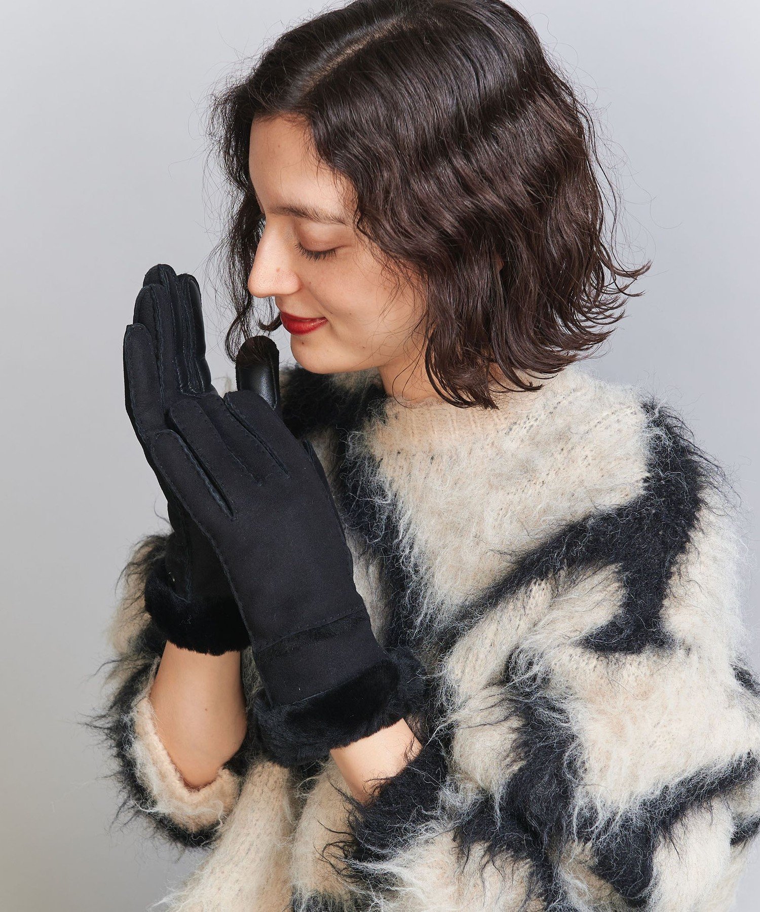 UGG 指だしグローブネイビー ファー付き BEAUTY&YOUTH UNITED ARROWS｜<UGG>シームド テック グローブ