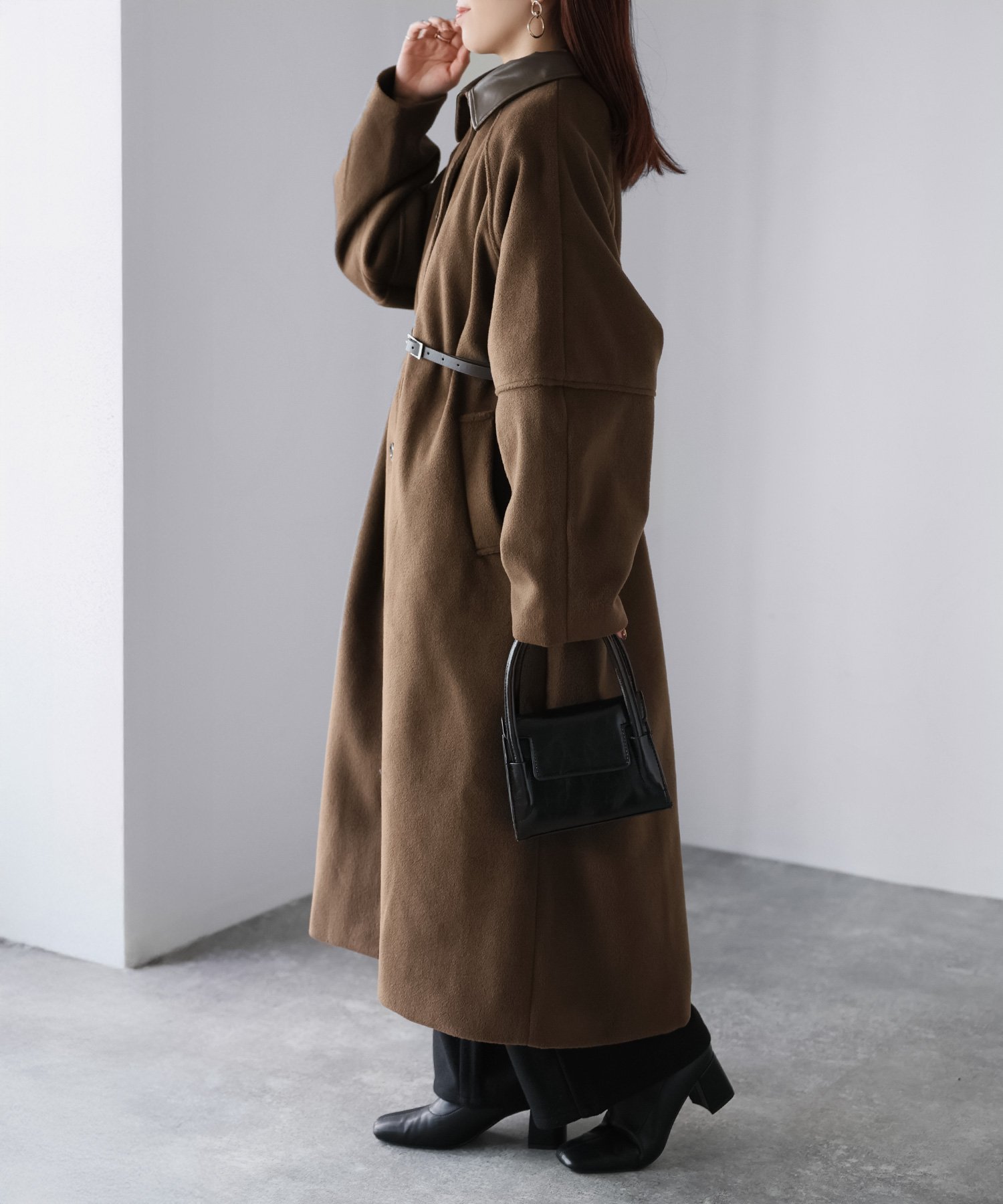 Riberry｜ベルト付き襟フェイクレザーステンカラーコート | Rakuten