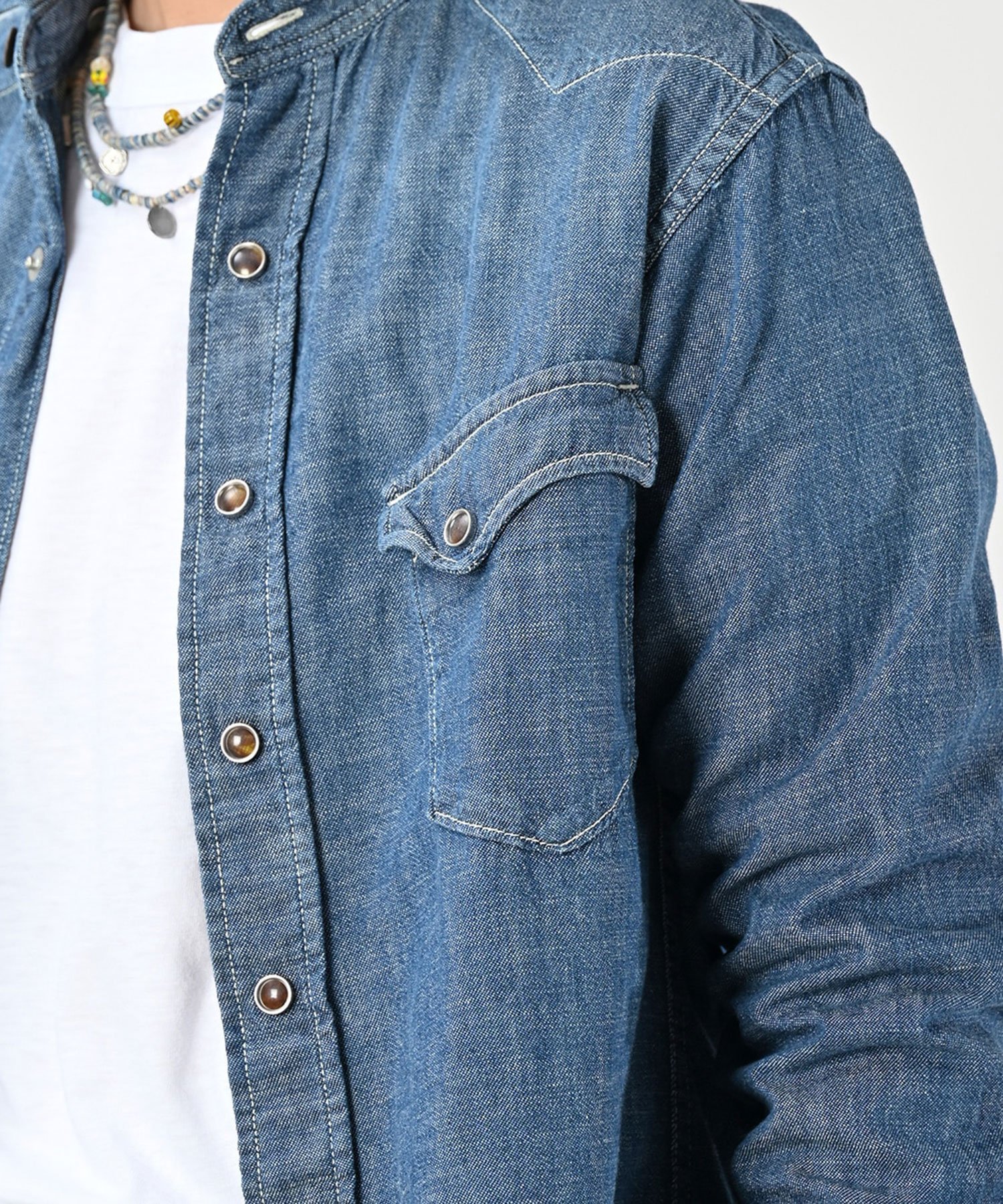 45R 瑠璃ダンガリーデニムのボウタイクッペシャツ（加工） 45R｜瑠璃
