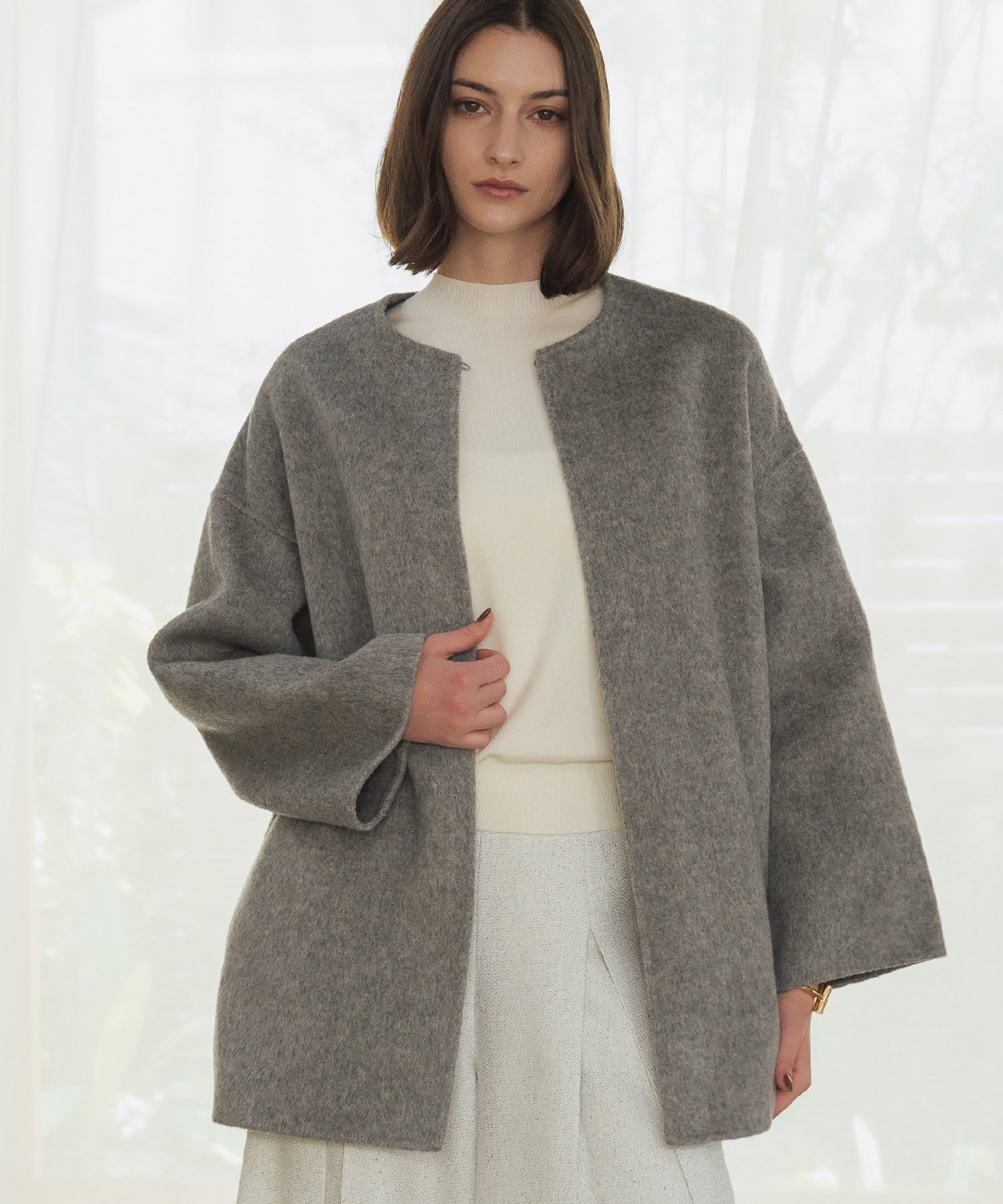 RIVER FIELD & Co.｜【ウール100%】ノーカラー ミドル丈 コート ウール