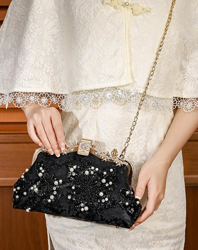 楽天市場】パーティーバッグ 2way 口金 ブラック ビーズ ハンドバッグ