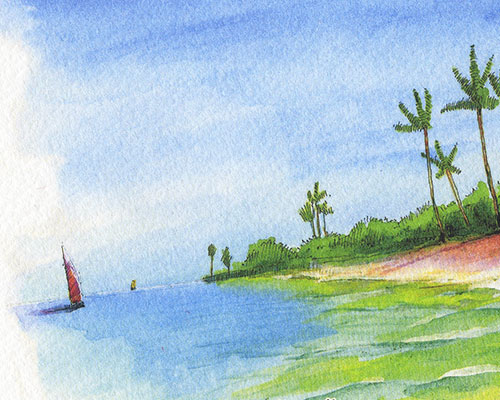 楽天市場】ハワイの海辺( ヨット ビーチ ヤシの木 水彩画 風景画