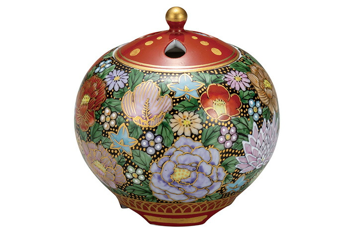 香炉 九谷焼 真山 色絵金彩 花詰 香炉 共箱 /茶道具 香道具 仏具 置物