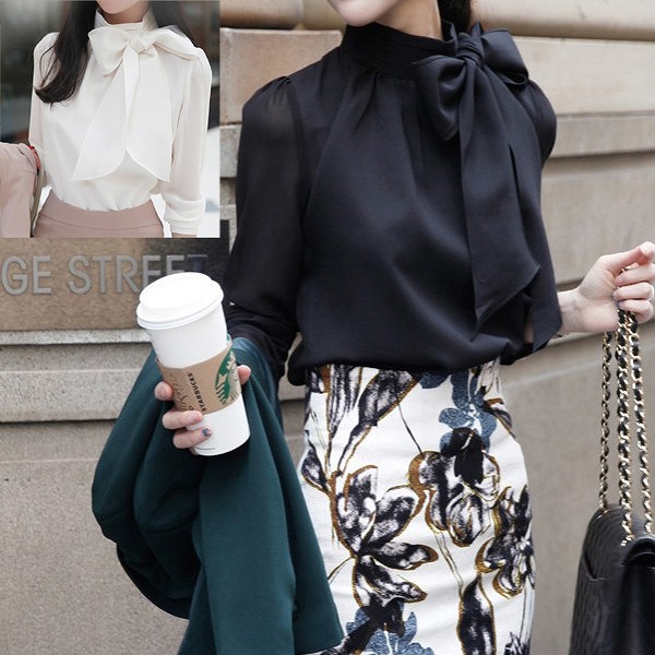 楽天市場】サテンリボンブラウス ブラック 長袖 スタンドカラー