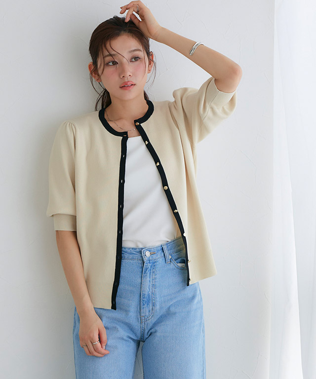 楽天市場】多機能バイカラーパフニットカーディガン ☆ サマーニット