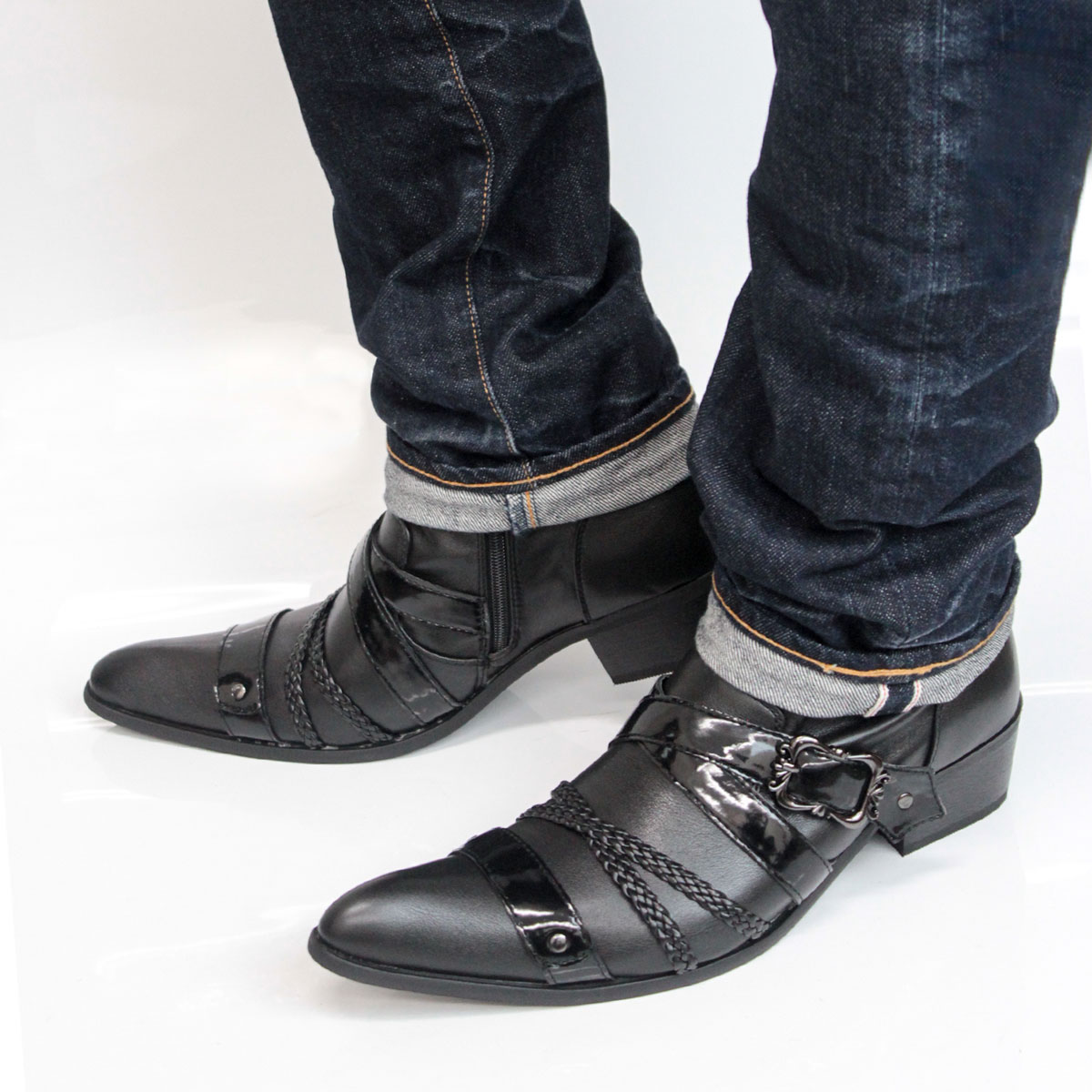 楽天市場】ブーツ メンズ ショート 5cmヒール 黒 エナメル