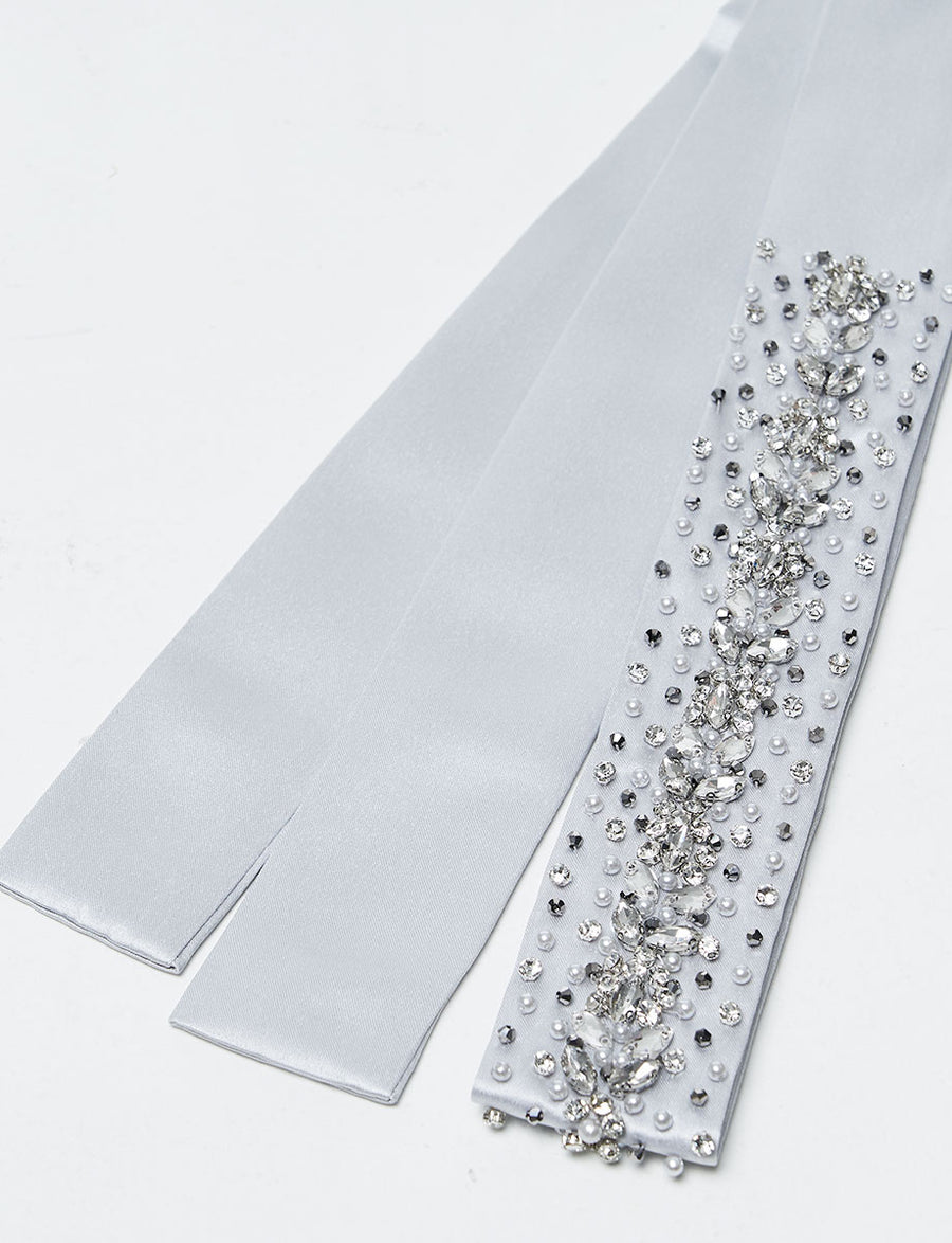 ハンド刺繍 5cm幅サテンサッシュベルト シルバー・BT-240003W-SIL