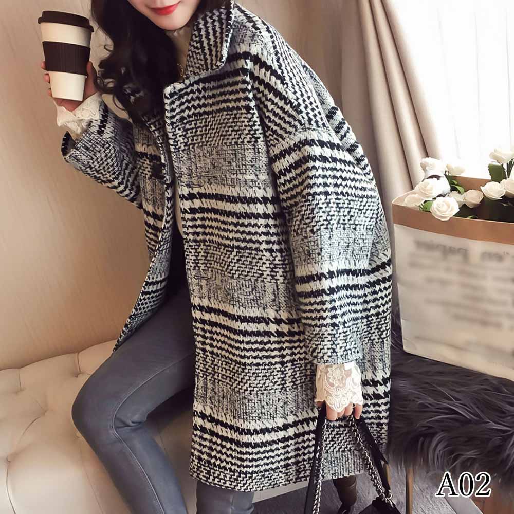 選べるデザイン】ウールコート レディース 千鳥柄 ゆるコート 長袖