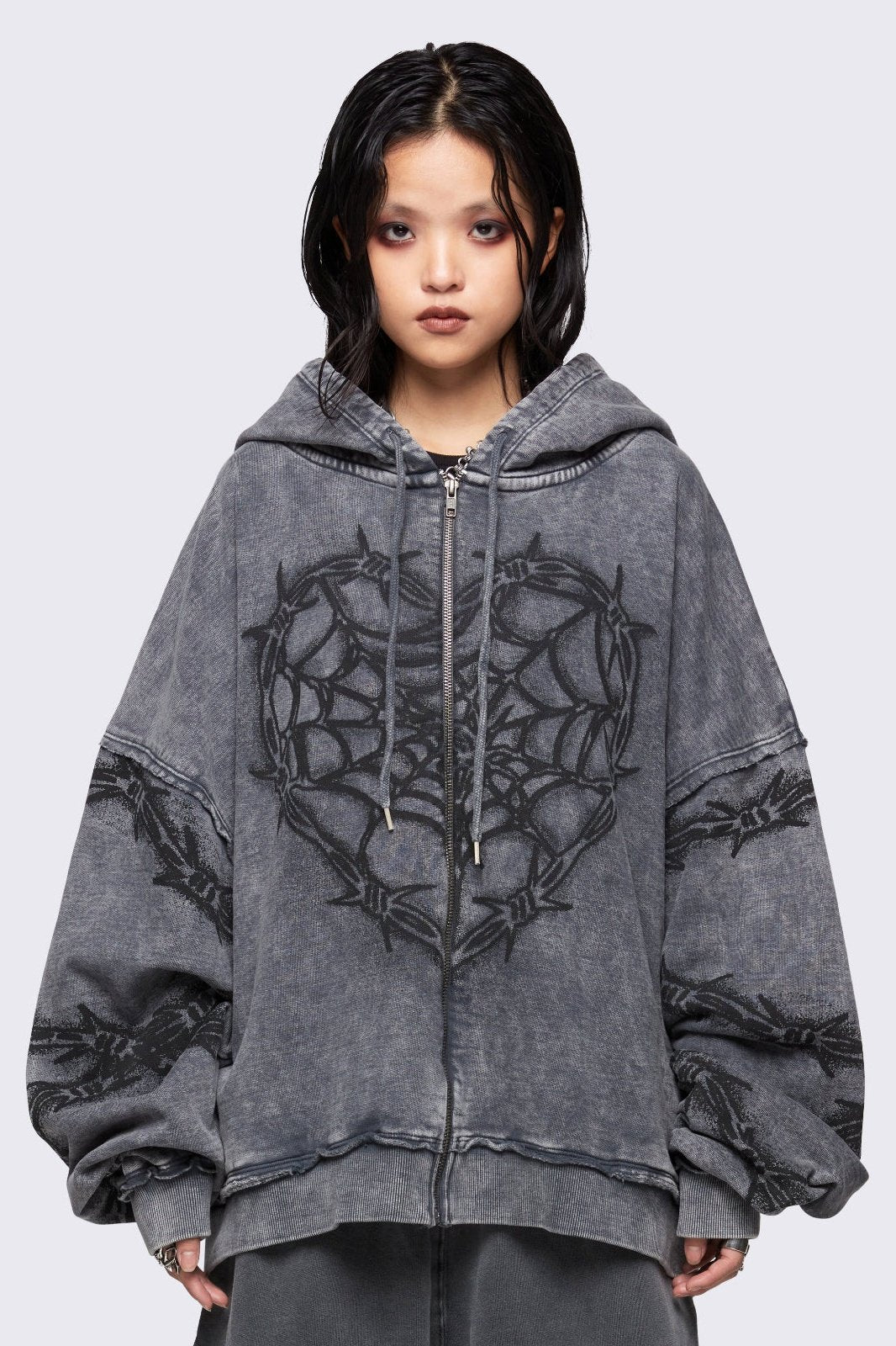 Grey Barbed Wire Spiderweb Graphic Zip-Up Hoodie | Minga London